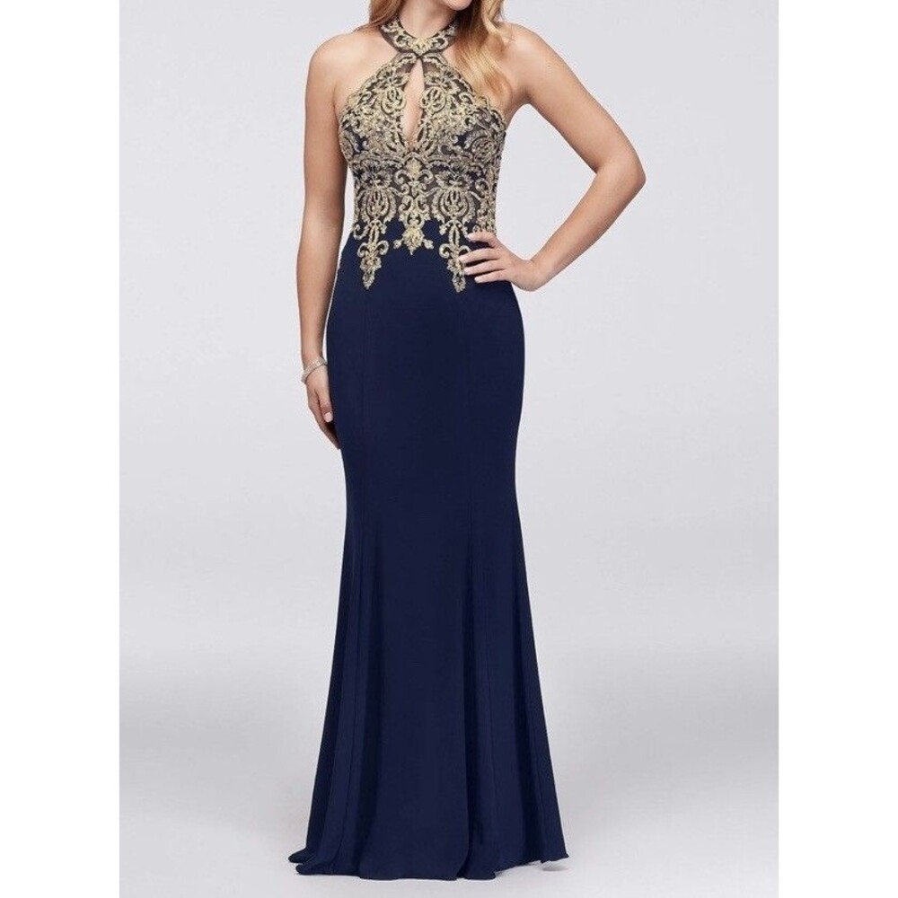 XSCAPE  Metallic Lace and Jersey Round Neck Halter Gown Navy Gold 10 Wedding